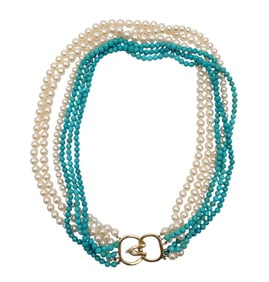 CULTURED PEARL & TURQUOISE NECKLACE W/ 14K CLASP