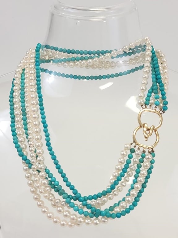 CULTURED PEARL & TURQUOISE NECKLACE W/ 14K CLASP: CULTURED PEARL & TURQUOISE NECKLACE W/ 14K CLASP: Six strand cultured pearl and turquoise bead necklace with 14k yellow gold clasp. Turquoise beads are approximately 4mm and pearls are slightly gradua