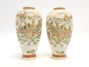 PAIR JAPANESE GYOKUZAN SATSUMA PORCELAIN 9.5" VASE