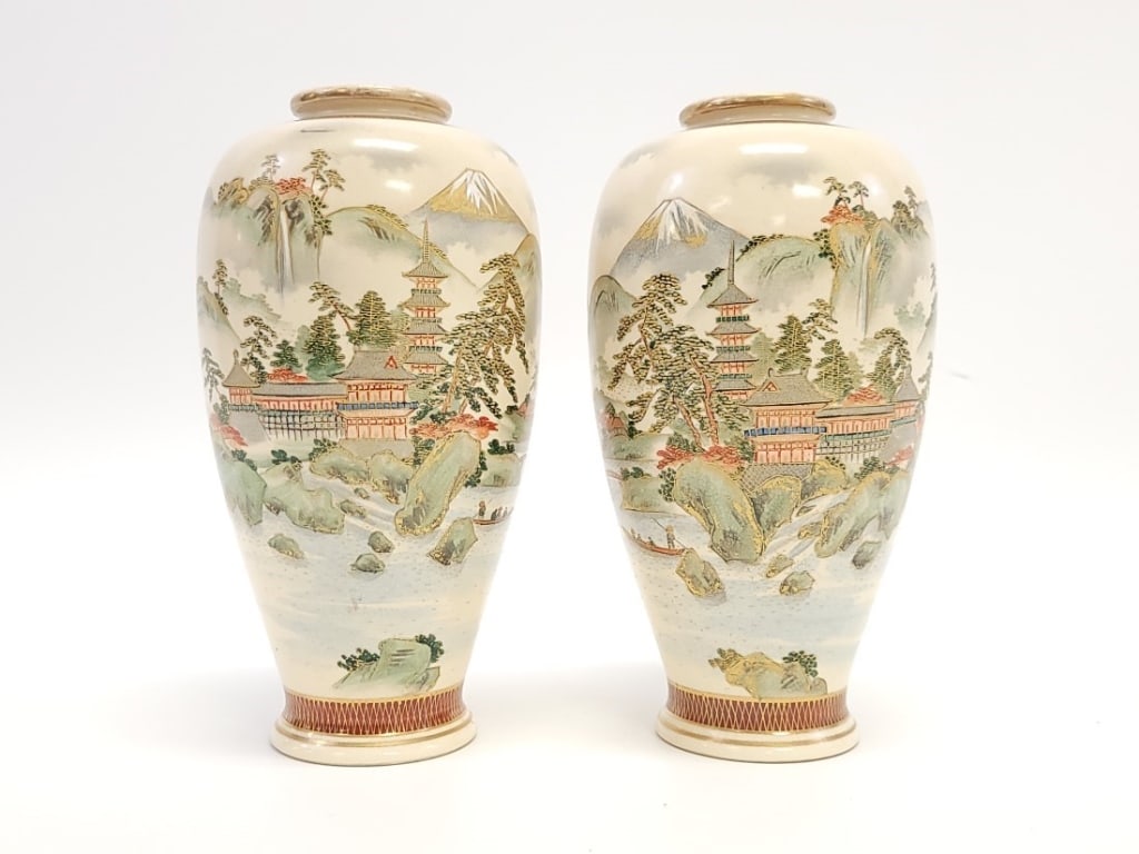 PAIR JAPANESE GYOKUZAN SATSUMA PORCELAIN 9.5" VASE: Pair of 19th century Japanese Gyokuzan Ssatsuma porcelain vases, each at 9.5" tall. Red mark on base. Condition: very fine crazing as can be expected with Satsuma from this period, wear to gilded rims