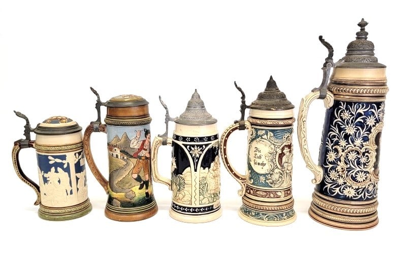 FIVE ANTIQUE GERMAN BEER STEINS (1 of 14)