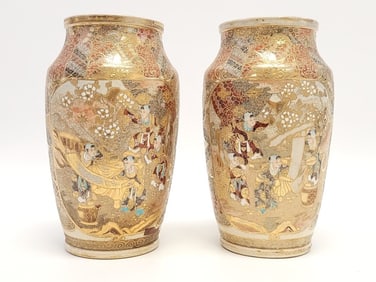 PAIR 19TH C JAPANESE SATSUMA PORCELAIN VASES