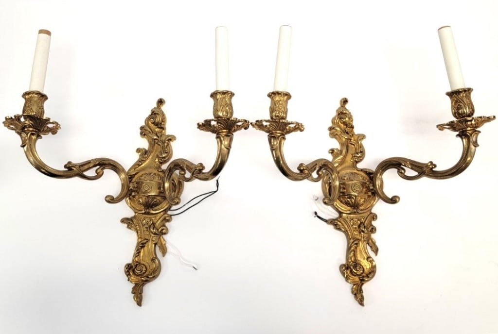 PAIR ROCOCO STYLE BRASS TWO ARM WALL SCONCES (1 of 12)