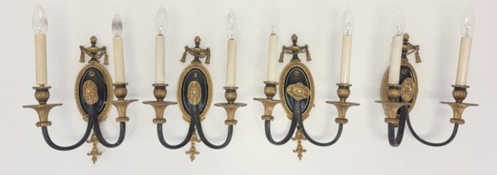 TWO PAIRS VINTAGE BLACK & BRASS WALL SCONCES