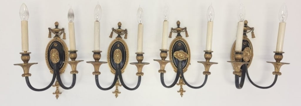 TWO PAIRS VINTAGE BLACK & BRASS WALL SCONCES (1 of 9)