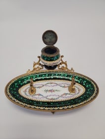 ANTIQUE FRENCH ENAMELED BRONZE INKWELL PEN REST