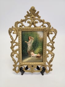 HAND PAINTED PORCELAIN PLAQUE MOSES IN THE BULRUSH