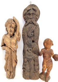 THREE 18TH / 19TH C CARVED WOOD FIGURES