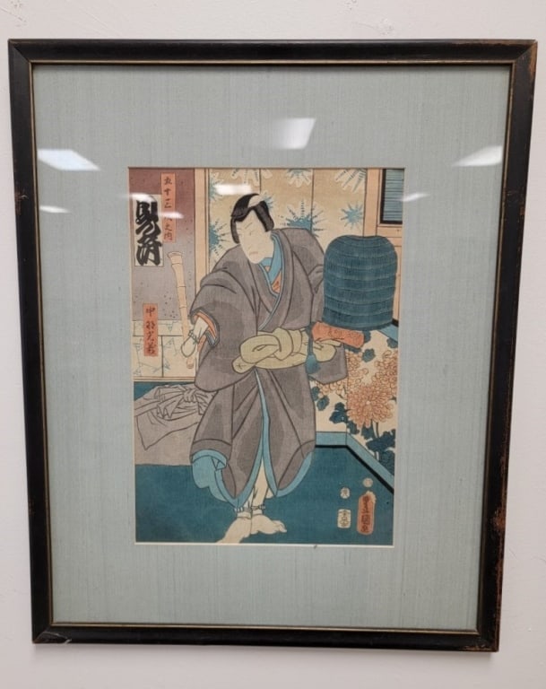 ANTIQUE KUNISADA (TOYOKUNI III) WOODBLOCK PRINT: Antique 19th century Utagawa Kunisada / Toyokuni III woodblock print, subject: Kabuki portrait portrait of Bando Takesaburo I as Nakano Mitsuyoshi, dressed as a komuso or wandering monk. Signed lower 