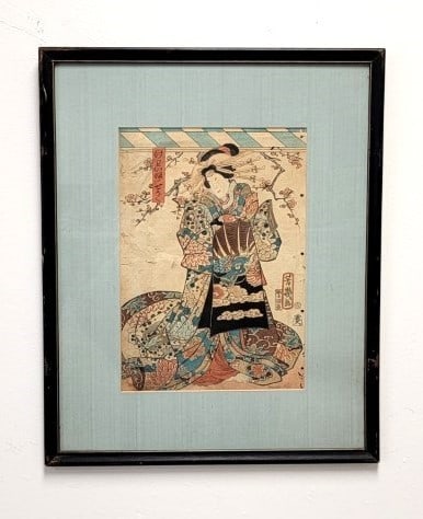UTAGAWA KUNISADA (TOYOKUNI III) WOODBLOCK PRINT: Utagawa Kunisada (Toyokuni III) Japanese Edo period woodblock print. "Keisei Sakurazome" (The Courtesan Saurazome) from the "Keisei" series. Framed measuring a total of 21.25" tall x 17.25" wide, and 