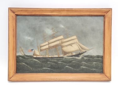 ANTIQUE AMERICAN OIL PAINTING, CLIPPER SHIPS