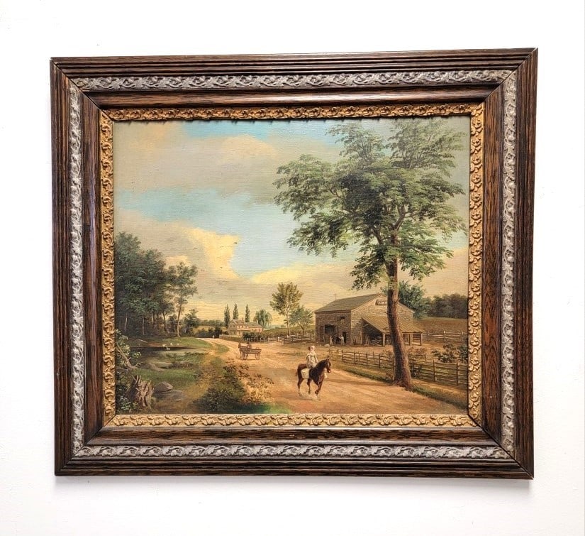 ANTIQUE MYSTERY ARTIST OIL ON PANEL PAINTING: Antique 19th century oil on panel painting, unsigned, mystery artist. Subject: country road passing by a farm. Frame measures 25" tall x 28.5" wide, and panel measures 18.25" tall x 21.75" wide. Condi