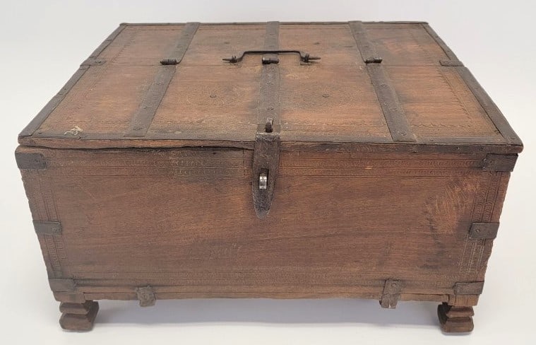 ANTIQUE INDIAN TEAKWOOD & IRON LOCK BOX (1 of 7)