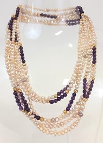 THREE STRANDS PEARL, AMETHYST & 14K YG BEADS
