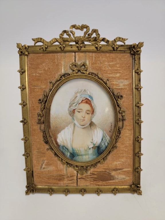 ANTQ FRENCH MINIATURE PORTRAIT PAINTING MARCHAND: Antique French hand painted miniature portrait on bone. Signed "Marchand" mid lower right. Held in a Louis XVI style gilt bronze frame with silk fabric lining. Frame measures a total of 8" tall x 5.75