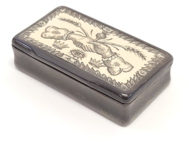 MASONIC HORN & SCRIMSHAW STYLE BONE SNUFF BOX