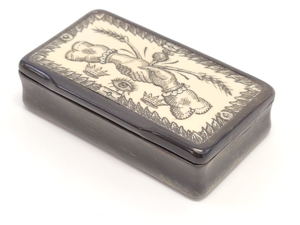 MASONIC HORN & SCRIMSHAW STYLE BONE SNUFF BOX: Antique 19th century Masonic carved horn and scrimshaw-style engraved bone snuff box measuring 3.5" wide and 2" deep and .9" thick. Unsigned. Condition: very good considering age, no signs of losses o