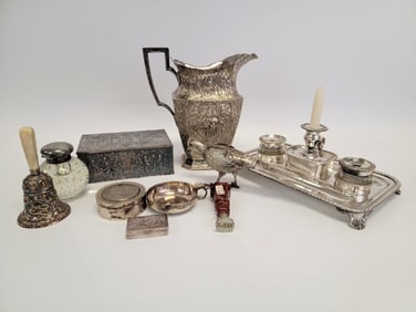 ANTIQUE SILVER PLATED DESK ACCESSORIES 10 pcs