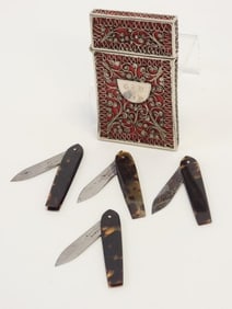 SILVER FILIGREE CASED SET OF 4 MINIATURE PENKNIVES