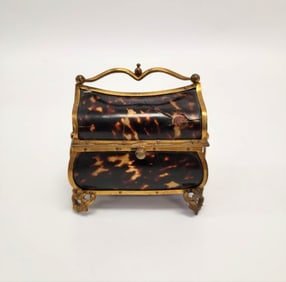 ANTIQUE MINIATURE FAUX TORTOISESHELL & BRASS CASKET