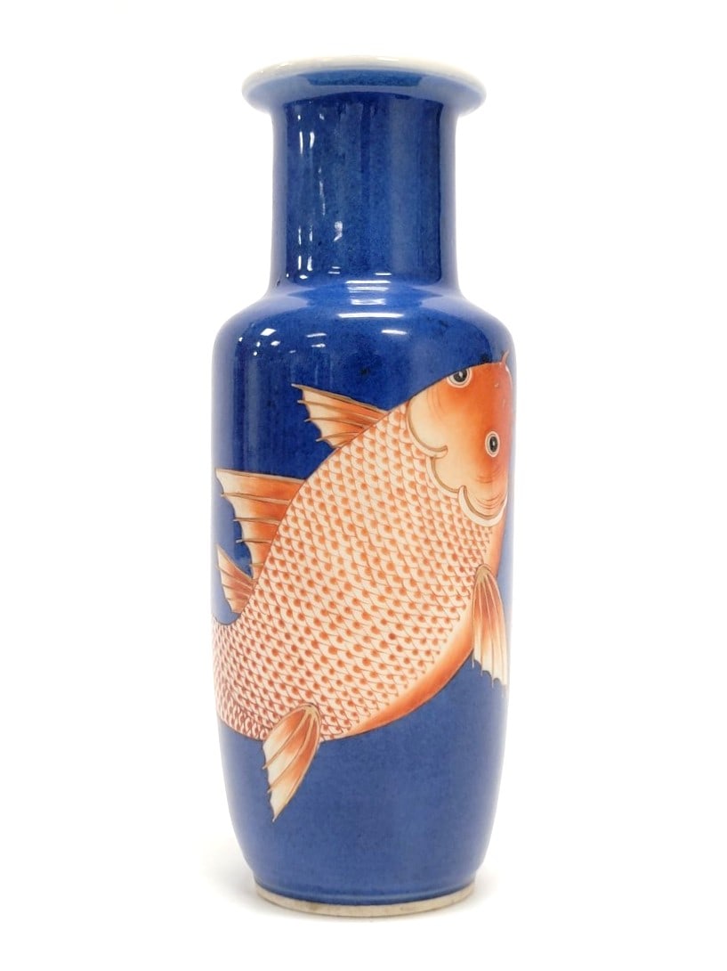 JAPANESE POWDER BLUE GROUND PORCELAIN CARP VASE: Japanese powder blue ground porcelain carp vase measuring 9.75" tall x 3.75" diameter. Unmarked. Condition is good, see images. Weight: 1.42 lbs.