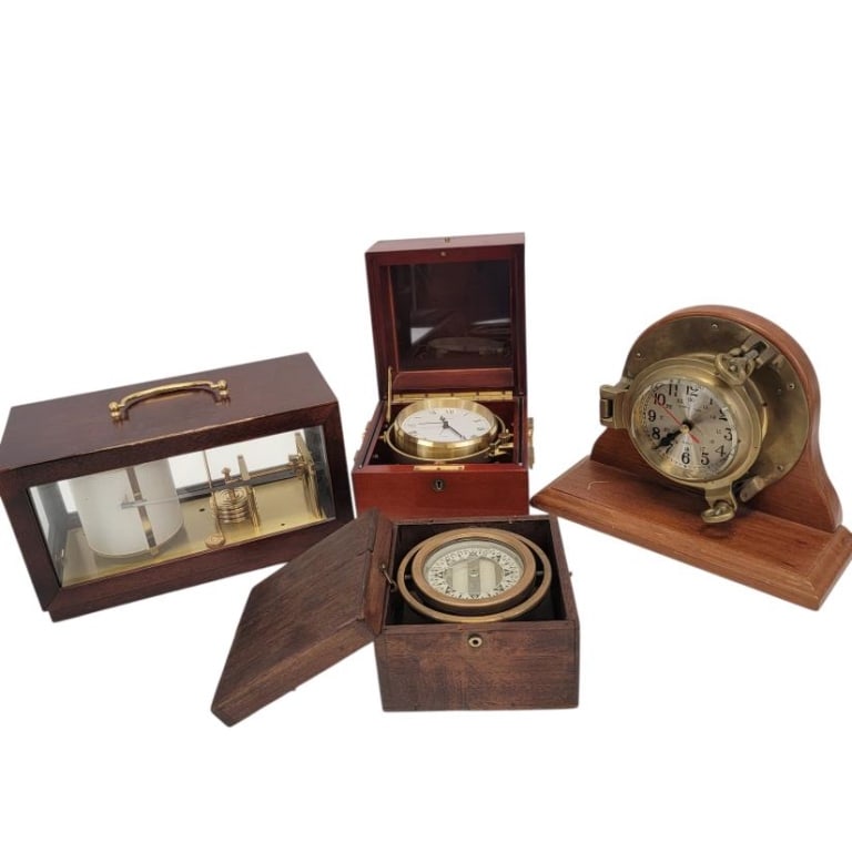 WOODEN CASED SEISMOGRAPH, SHIPS COMPASS & 2 CLOCKS (1 of 5)