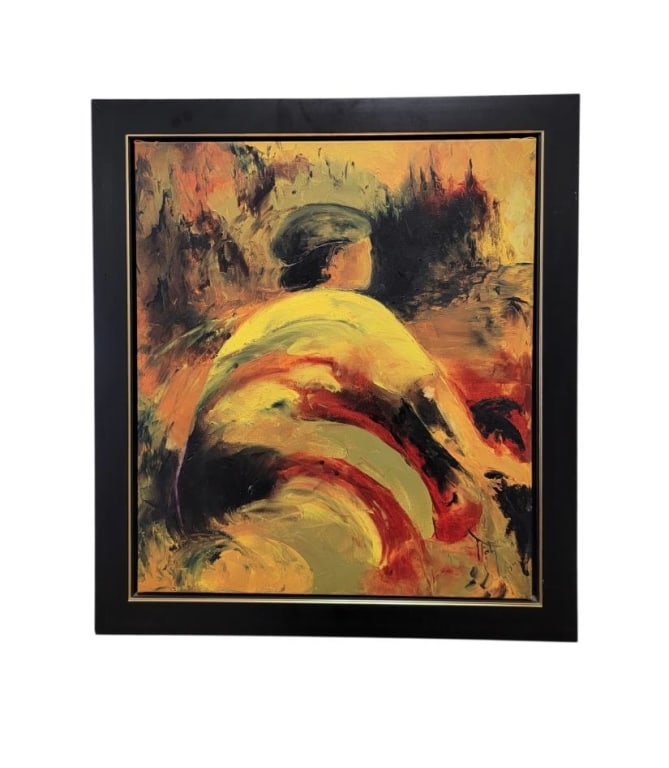 HATIM KUKU ABSTRACT OIL ON CANVAS PAINTING: Hatim Kuku (Sudanese) abstract oil on canvas painting. Signed lower right. Framed measuring a total of 29.75" tall x 26.75" wide, canvas stretcher measures 25" tall x 22" wide. Condition: frame may