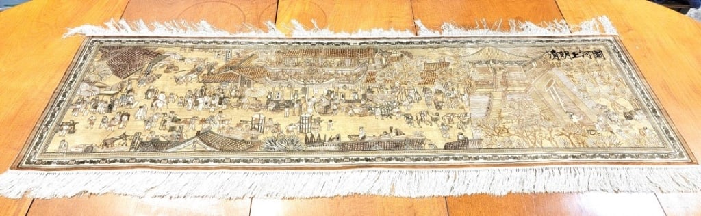 FINE CHINESE HAND KNOTTED SILK RUG 1'10" X 6'2": Vintage mid century Chinese finely hand knotted silk on silk pictorial / scenic rug / runner. Measures 1'10" x 6'2" long. Signed in corner. Condition: scattered soiling and some discolorations, damage