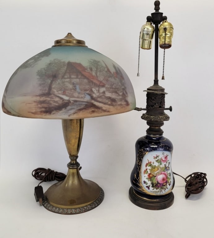 VINTAGE BRASS & REVERSE PAINTED GLASS TABLE LAMP (1 of 8)