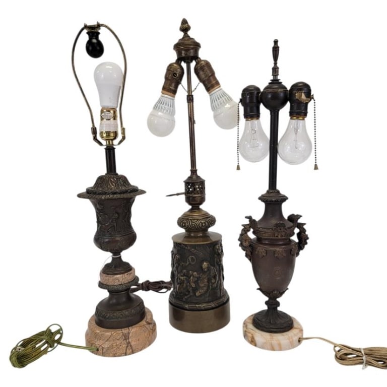 THREE ANTIQUE CAST BRONZE TABLE LAMPS (1 of 10)