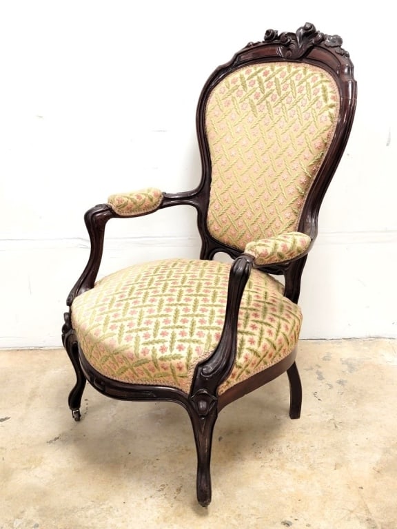 ANTIQUE VICTORIAN BROCADE UPHOLSTERED ARMCHAIR (1 of 13)