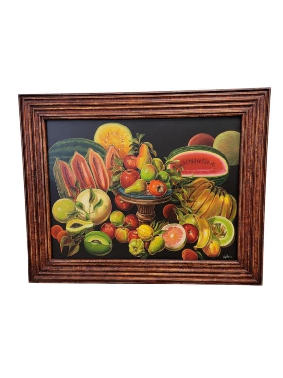 LARGE JON LIGHTFOOT OIL ON CANVAS PAINTING, FRUIT: Large oil on canvas painting by Jon Lightfoot (American, 1939 - 2018). Subject: fruit still life. Titled and dated on stretcher verso "Carnival de Sabores, 1997". Framed measuring a total of 48.5" tal