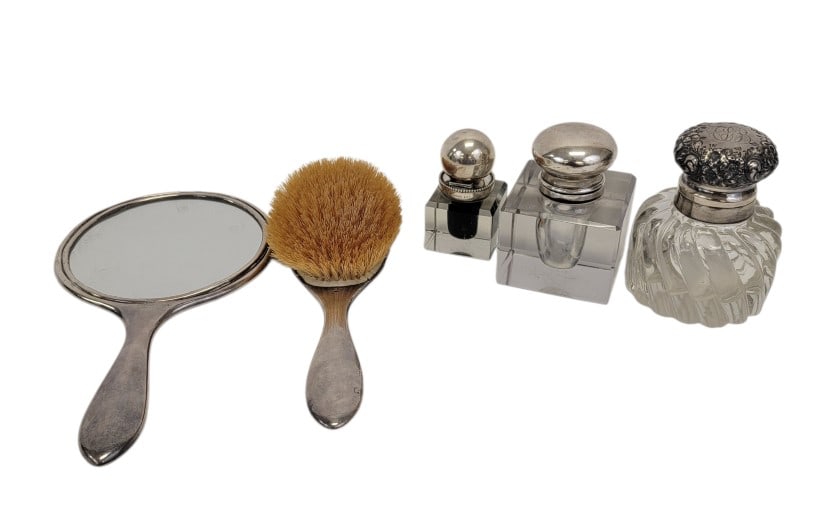 ANTIQUE ESTATE STERLING LOT INKWELLS MIRROR BRUSH (1 of 9)