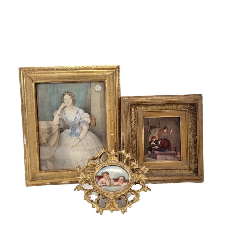 THREE ANTIQUE PAINTINGS, TWO ON PORCELAIN PLAQUES (1 of 5)