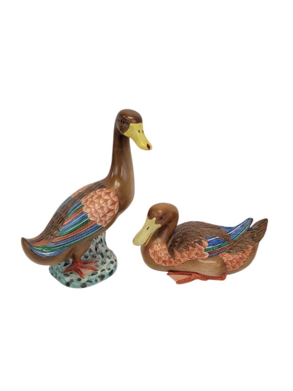 TWO ITALIAN PAINTED PORCELAIN DUCK SCULPTURES (1 of 9)