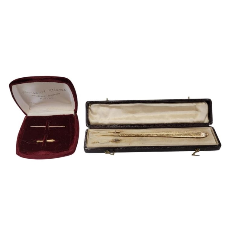 14k GOLD SEWING NEEDLE SET & CROCHET HOOKS: 14k gold needle & threader set, along with a 14k gold crochet hook handle and three hook tips. All 14k gold. Needle measures 1.4" long, crochet handle with tip screwed on measures 4.6" long. The