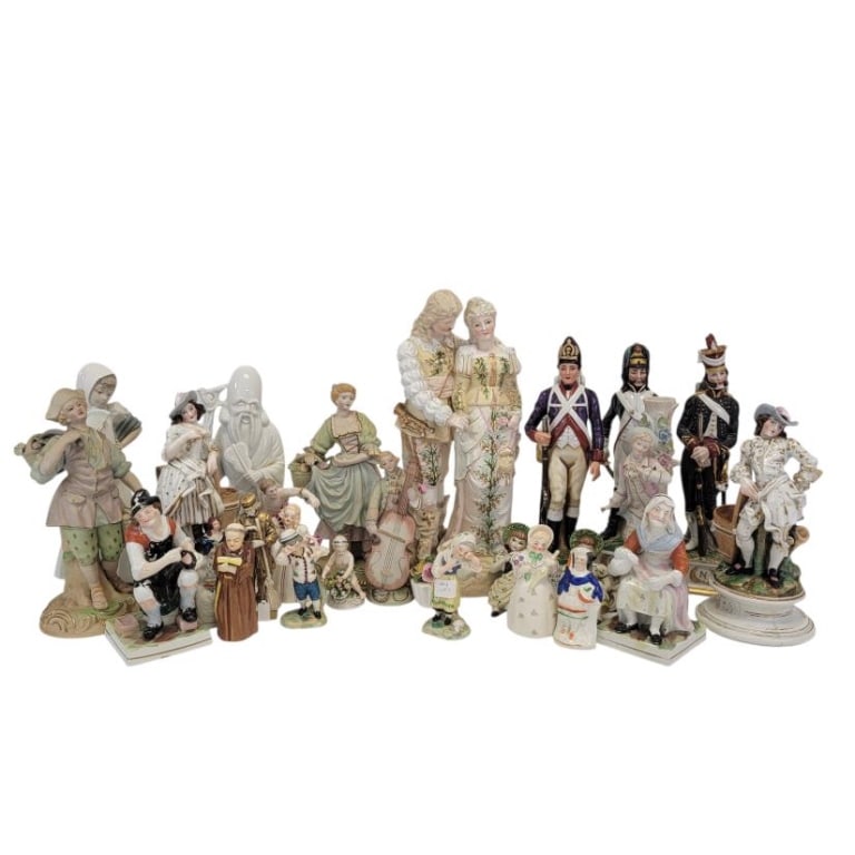 COLLECTION ANTIQUE CONTINENTAL PORCELAIN FIGURINES: Collection of assorted antique continental porcelain figurines. Includes bisque pieces, Capodimonte, English, Staffordshire, Russian porcelain, Royal Worcester, early Herend, Royal Vienna, and much mo