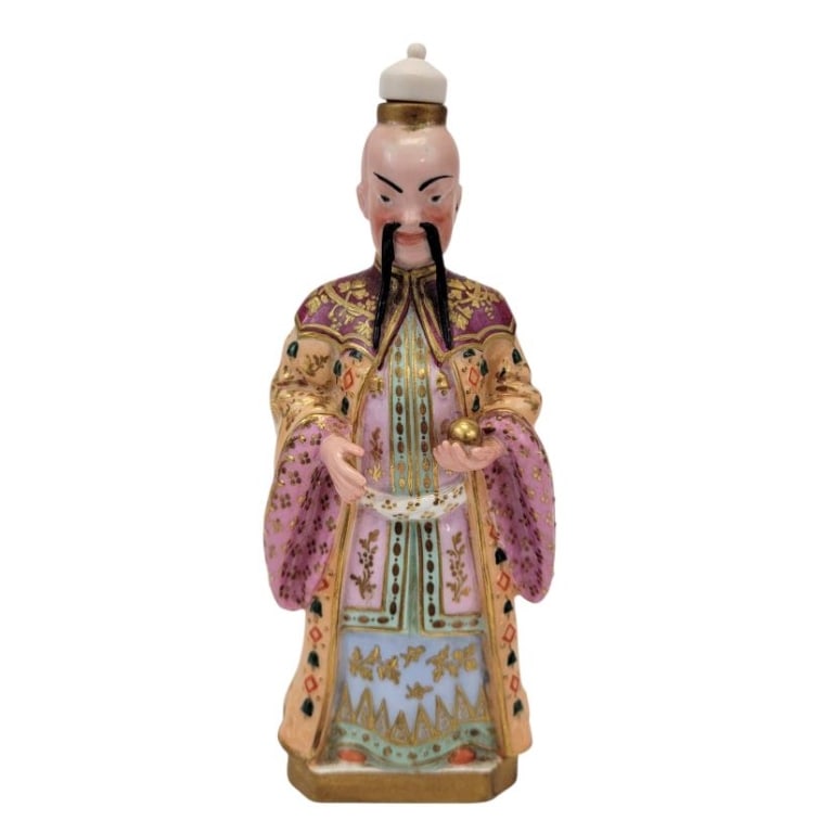 JACOB PETIT PORCELAIN ORIENTALIST FORM BOTTLE: Jacob Petit porcelain Orientalist figural form scent bottle with a carved bone stopper. Measures a total of 7.25" tall x 2.9" wide. Signed on base "J.P.". Condition: stopper appears to be original,