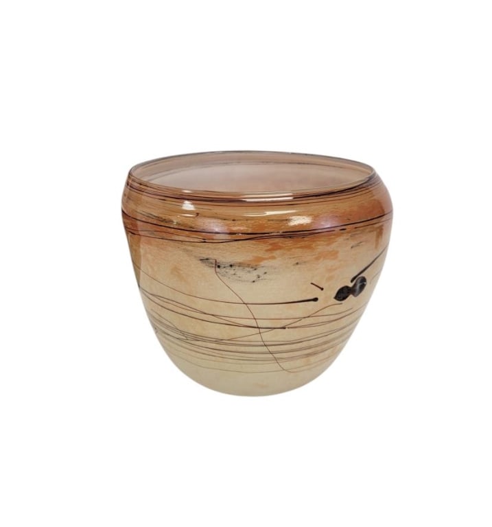 DALE CHIHULY GLASS VESSEL / BOWL, "BASKET" 1978: Early Dale Patrick Chihuly (American, b. 1941) tan / burnt orange / black art glass vessel or large bowl. Measures about 9.5" tall x 12" diameter. Unsigned. Accompanied by certificate of authenticity