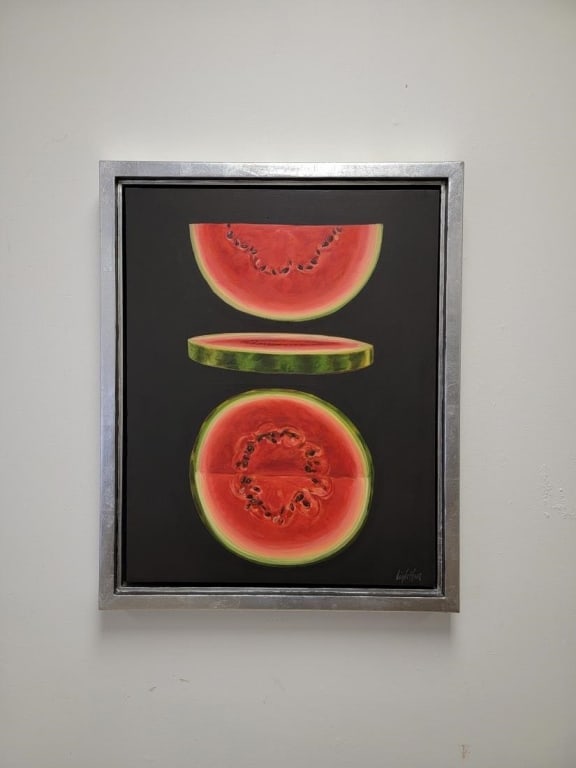 JON LIGHTFOOT MODERN OIL ON CANVAS PAINTING, MELON: Jon Lightfoot (American, 1939 - 2018) modern oil on canvas painting depicting watermelon slices. Signed lower right. Dated and titled verso "Melon Dulce oil 1996". Framed in a metallic silver tone