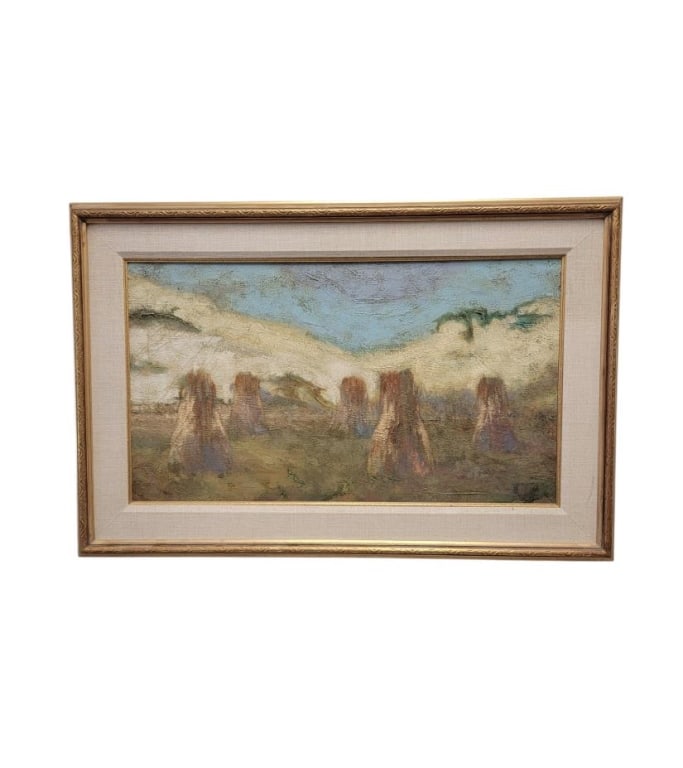 NEWTON MCMAHON OIL ON CANVAS PASTORAL PAINTING: Newton McMahon oil on canvas abstract expressionist painting depicting a pastoral scene. Signed lower right. Framed measuring a total of 23" tall x 34.5" wide. Condition: good, frame may show minor si