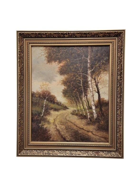 VINTAGE OIL ON CANVAS FOREST PATH SCENE PAINTING (1 of 11)