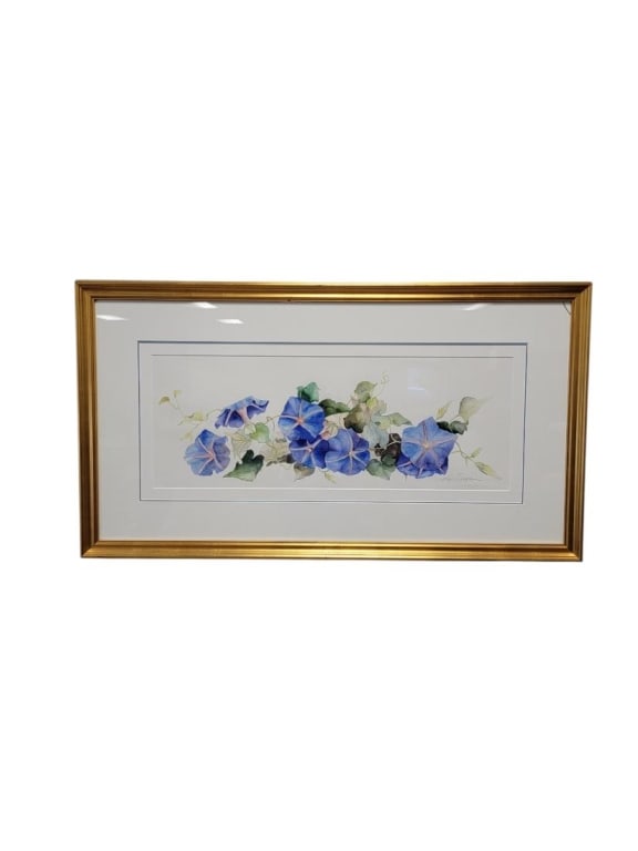 LYN SNOW FLORAL WATERCOLOR PAINTING ON PAPER: Lyn Snow floral watercolor painting on paper. Subject: violet morning glories. Signed in pencil lower right. Framed measuring a total of 19.75" tall x 35.75" wide. Sight measures 9.25" tall x 25.25"