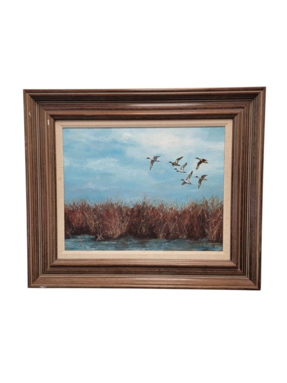 ROBERT GIORDANO OIL ON BOARD PAINTING, PINTAILS: Robert Giordano oil on board painting, titled verso "Pintails over Gilgo", dated 1990. Signed lower right. Condition: no damage to painting, frame may show minor signs of handling and age, some paint