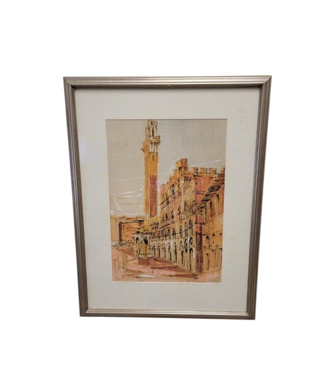 ITALIAN OIL ON BOARD PAINTING, PIAZZA DEL CAMPO: Vintage Italian oil on board painting. Subject: street scene depicting Piazza del Campo, Siena, Italy. Signed "Barbara Wood" lower right. Under glass and matted in a 28.5" tall x 22" wide silver tone
