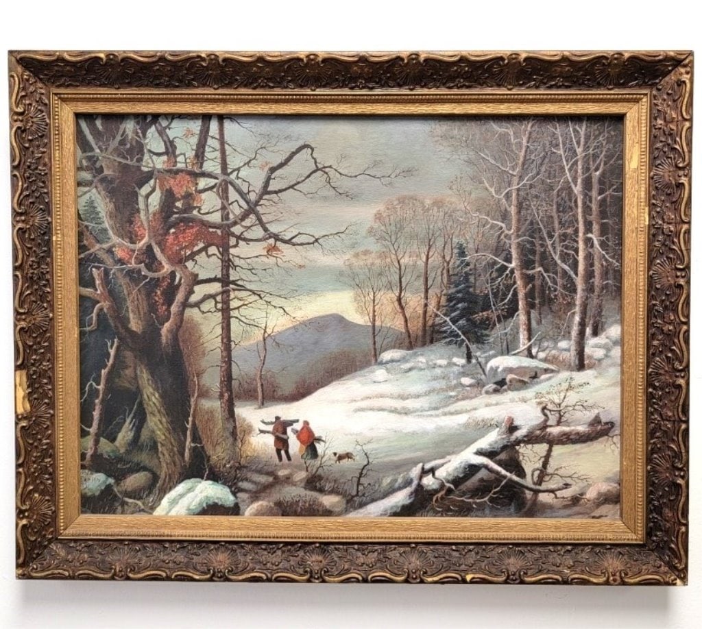 VINTAGE PRIMITIVE STYLE OIL ON CANVAS PAINTING: Vintage primitive style oil on canvas painting depicting a snowy landscape with two figures and a dog walking along a path. Signed lower left "Nola Earley". Framed measuring a total of 22.5" tall x 28