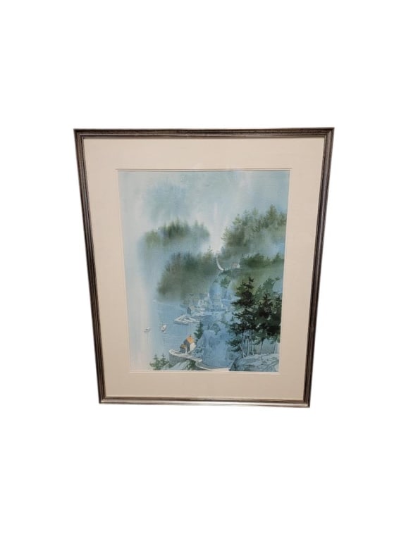 CHARLES L PETERSON WATERCOLOR PAINTING ON PAPER: Charles L. Peterson original watercolor painting on paper. Titled verso "Fishing Village". Signed lower right. Under glass and matted in a 37.25" tall x 30.25" wide. Condition: some minor paint deposi