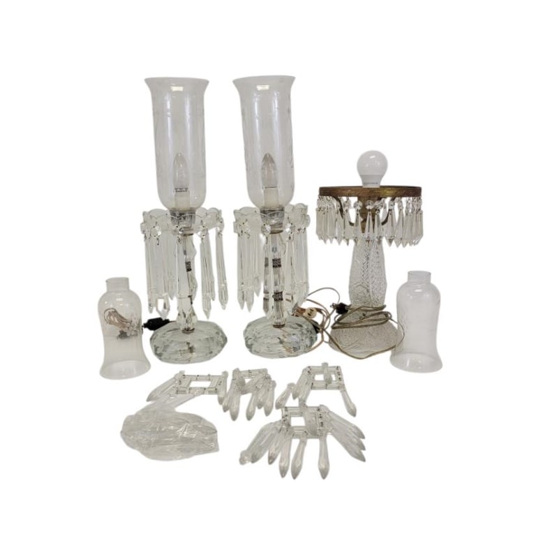 PAIR CRYSTAL HURRICANE LUSTERS / LAMPS & CUT GLASS (1 of 5)