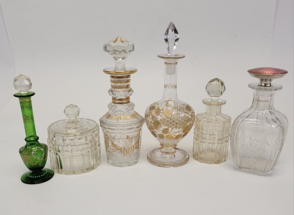 SIX ANTIQUE CUT GLASS & CRYSTAL SCENT BOTTLES, ETC (1 of 4)