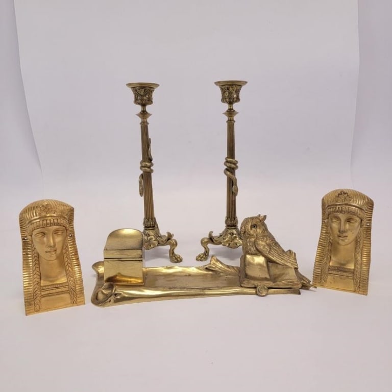 ORMOLU & BRASS: CANDLESTICKS, INKWELL, ORMOLU BUST - 2